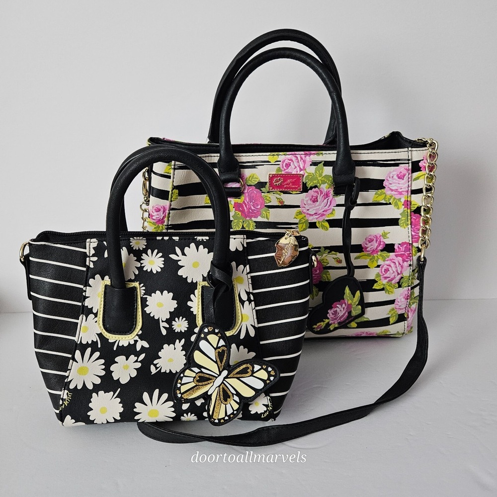 2 Luv Betsey Johnson Tote Bag White Black Striped w/Rose Daisy Butterfly